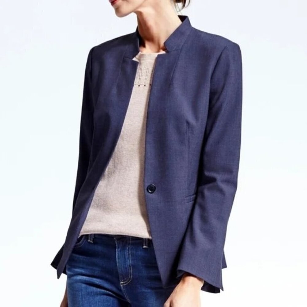Banana Republic Navy Lightweight Wool Blend One Button Inverted Collar Blazer Si